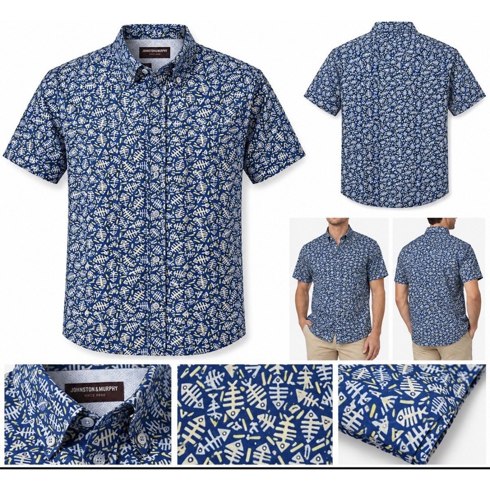 Johnston And Murphy Short Sleeve Button Up Shirt Mens XLBlue Fishbone Print